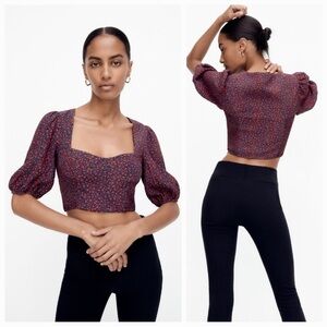 Zara Black and Red Puff Sleeve Crop Blouse